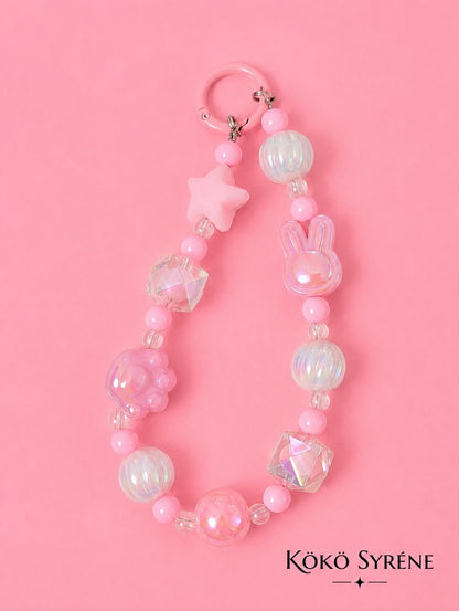 Pastel Pink Kawaii Beaded Phone Strap Charm with Bunny Paw Star Beads