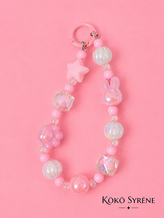 Pastel Pink Kawaii Beaded Phone Strap Charm with Bunny Paw Star Beads