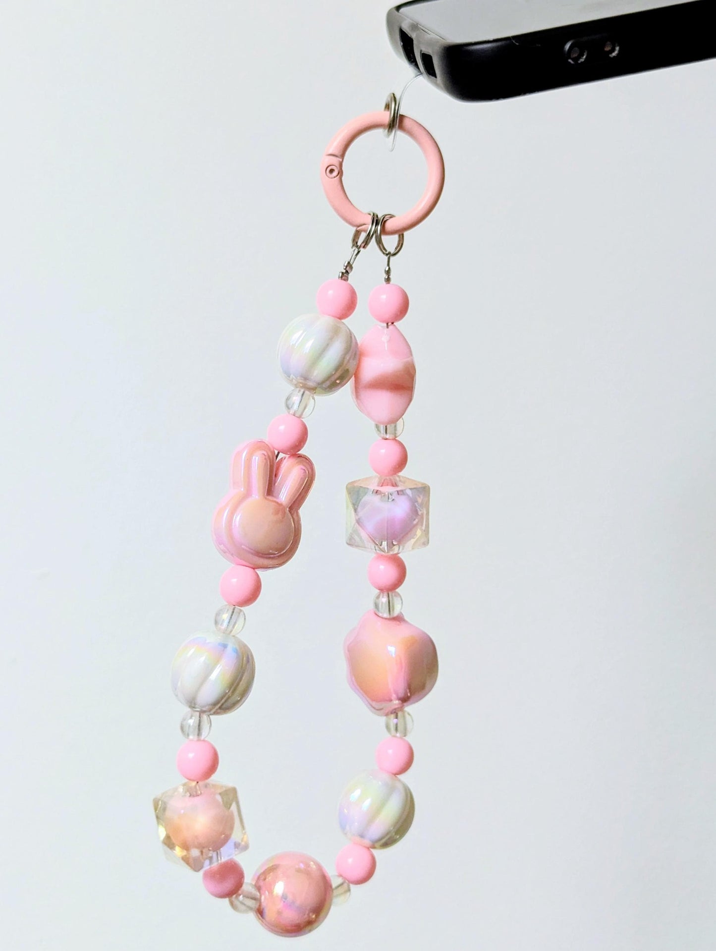 Pastel Pink Kawaii Beaded Phone Strap Charm with Bunny Paw Star Beads