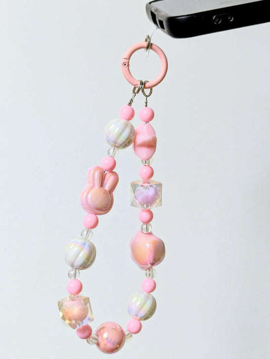 Pastel Pink Kawaii Beaded Phone Strap Charm with Bunny Paw Star Beads