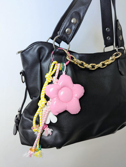 Pink Puffy Flower Bag Charm Smiley Daisy Keychain Rope Y2K Accessory