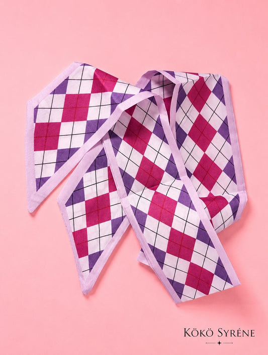 Pink & Purple Argyle Hair and Hair Scarf Y2K Coquette Scarf and Soft Girl Bag Accessory