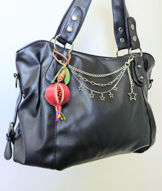 Red Pomegranate Leather Charm Whimsical Fruit Bag Accessory in Cottagecore Style