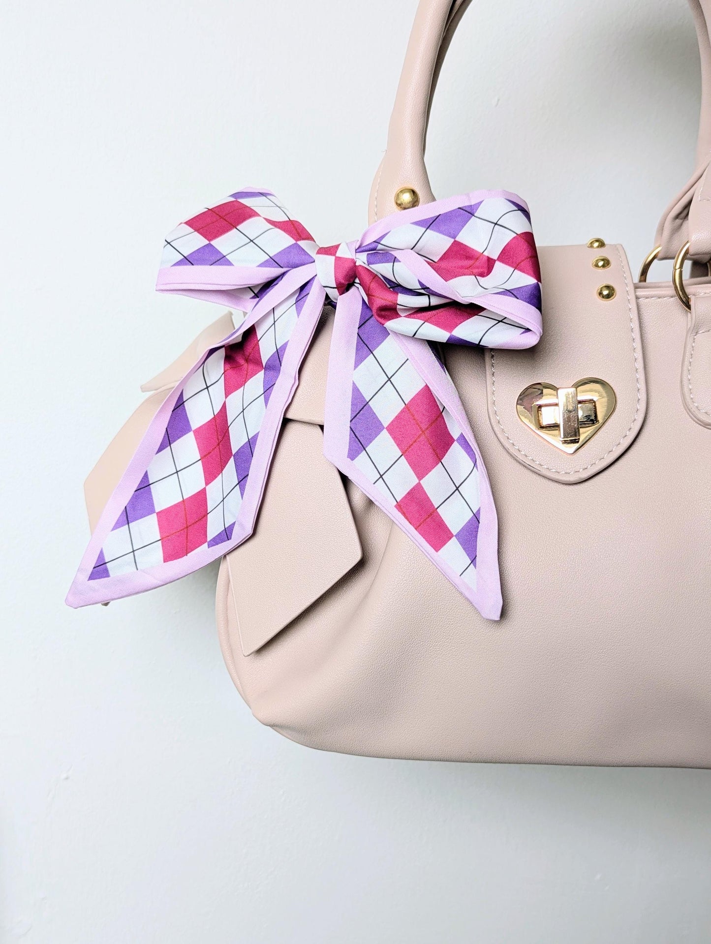 Pink & Purple Argyle Hair and Hair Scarf Y2K Coquette Scarf and Soft Girl Bag Accessory