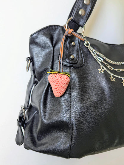 Pink Glossy Strawberry Bag Charm Leather-Style Strap Keychain Y2K Accessory