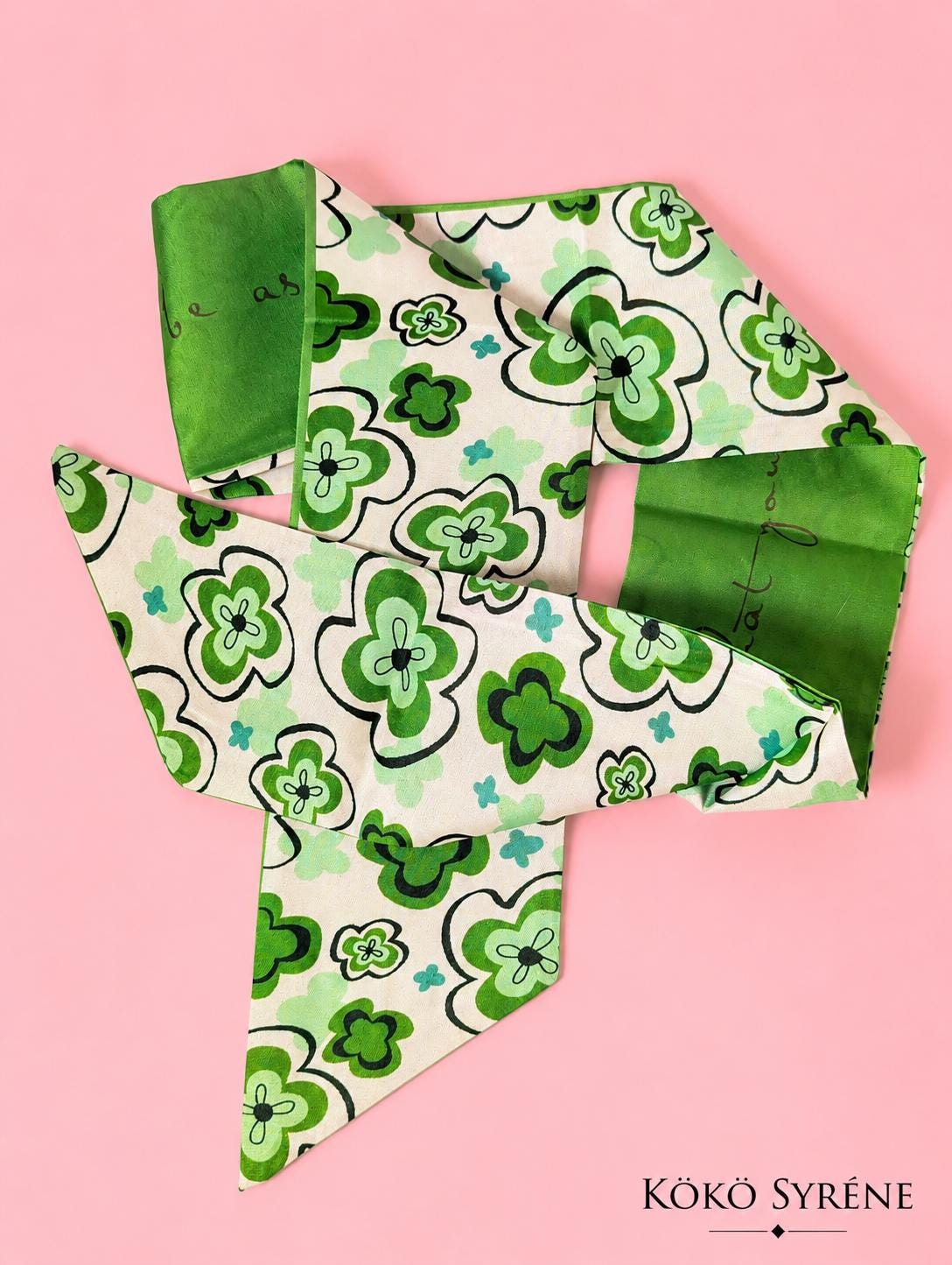 Green Retro Floral Scarf Y2K Coquette Hair Ribbon and Handbag Accessory