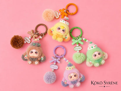 Doll Keychain and Bag Charm with Kawaii Pom Pom Accessory