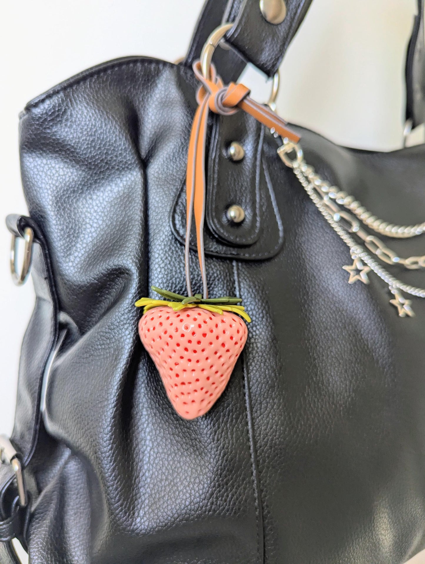 Pink Glossy Strawberry Bag Charm Leather-Style Strap Keychain Y2K Accessory