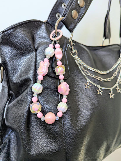 Pastel Pink Kawaii Beaded Phone Strap Charm with Bunny Paw Star Beads