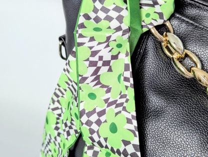 Green Floral Checkered Bag and Hair Scarf Retro Daisy Head Scarf and Bag Accessory
