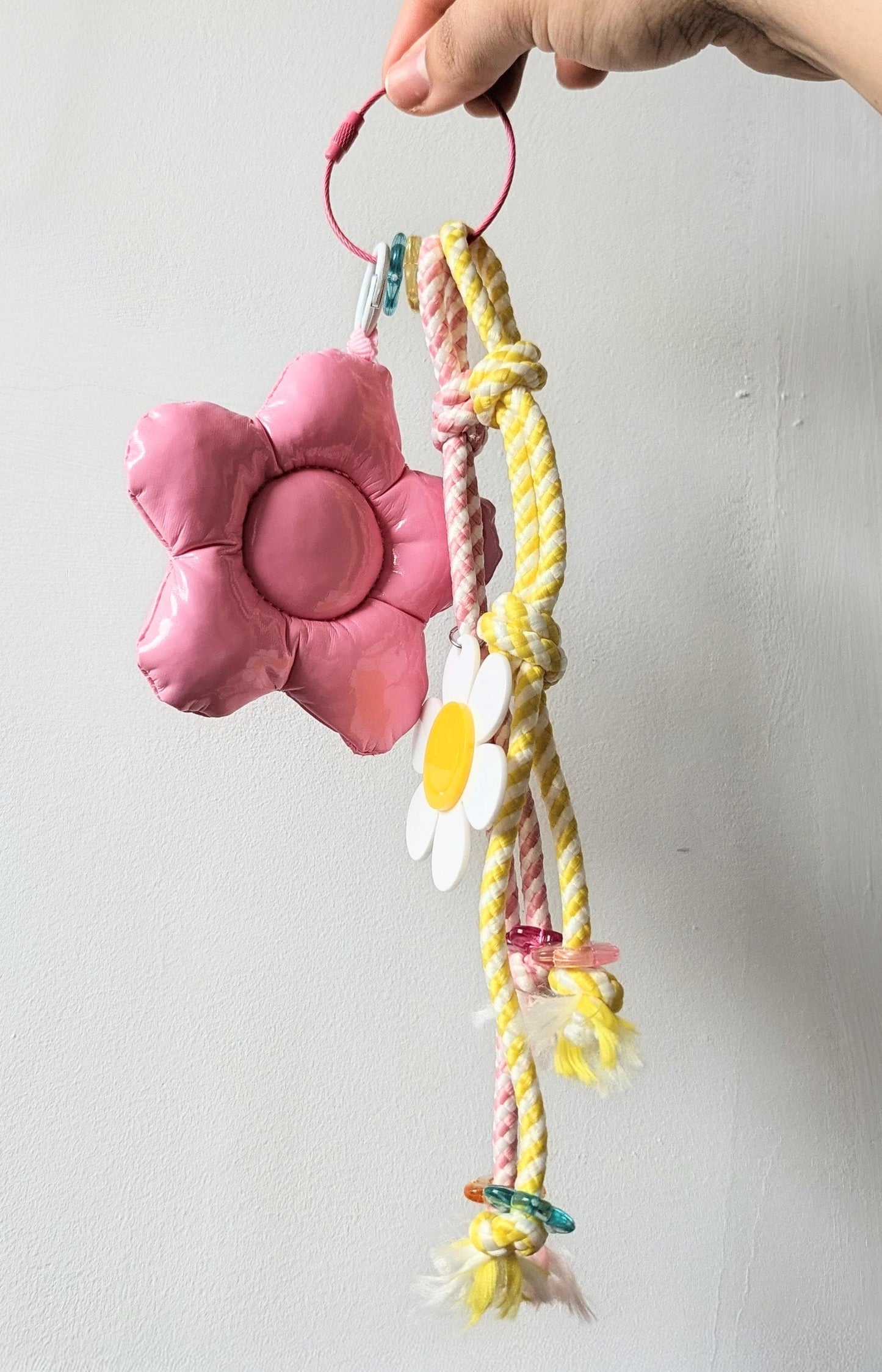 Pink Puffy Flower Bag Charm Smiley Daisy Keychain Rope Y2K Accessory