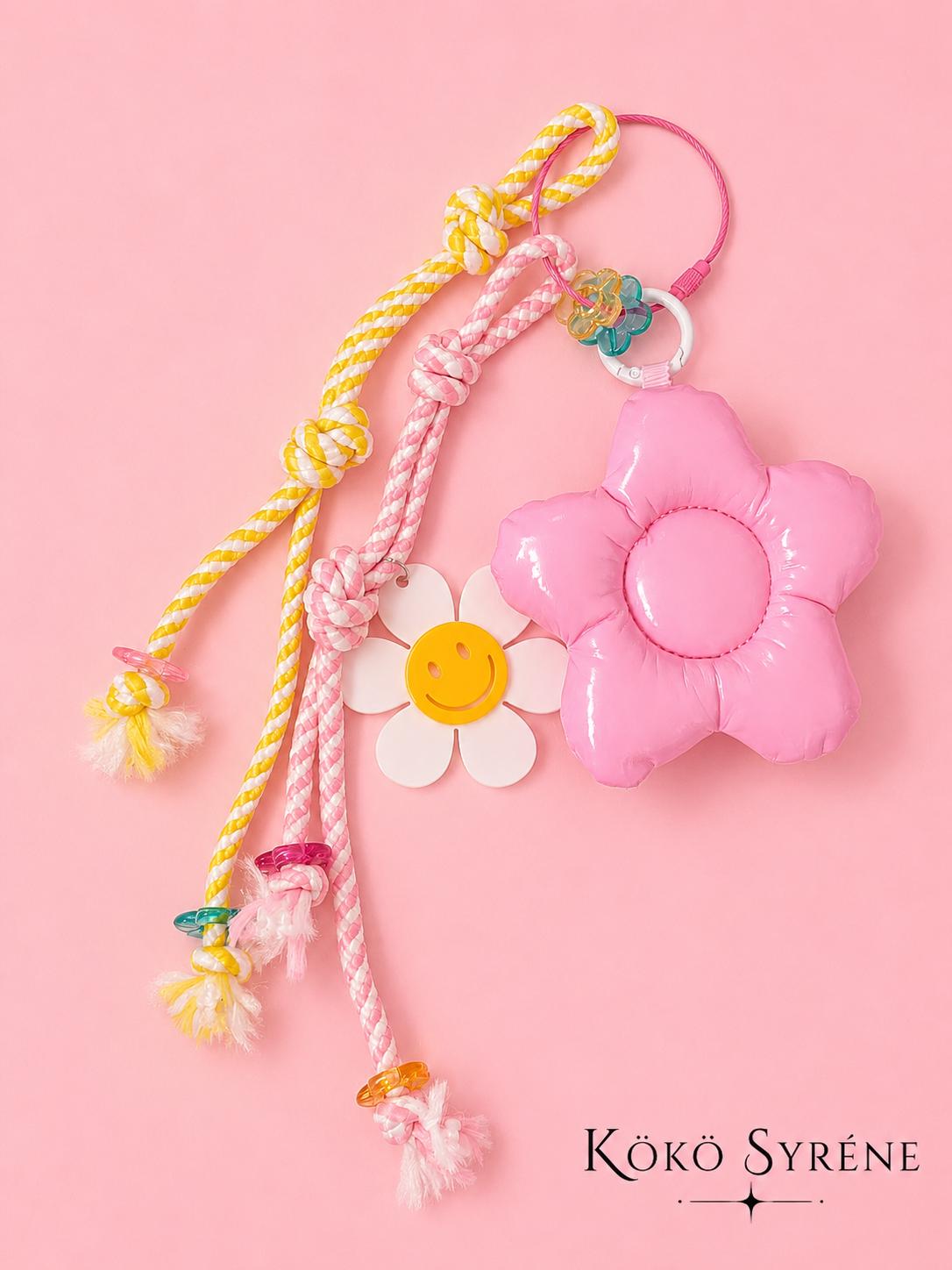Pink Puffy Flower Bag Charm Smiley Daisy Keychain Rope Y2K Accessory