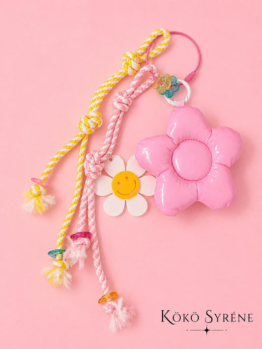 Pink Puffy Flower Bag Charm Smiley Daisy Keychain Rope Y2K Accessory